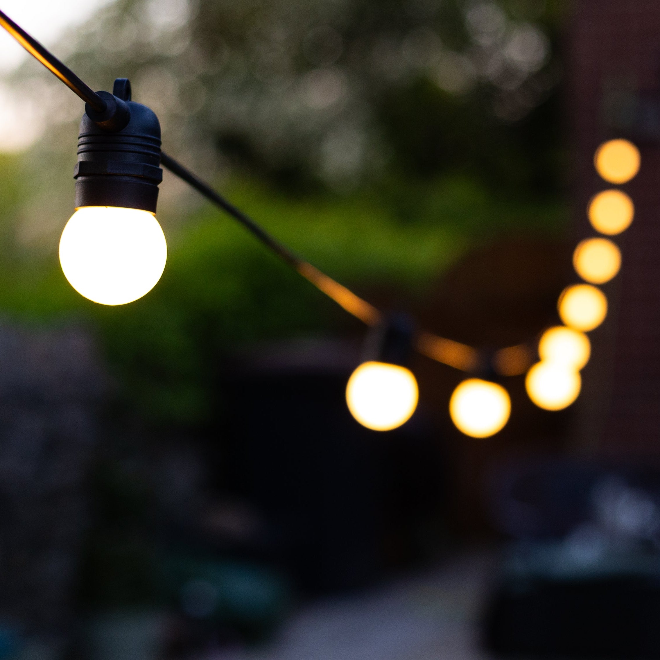 String lights with frosted bulbs on a black rubber cable, displaying a warm white glow in an outdoor setting.