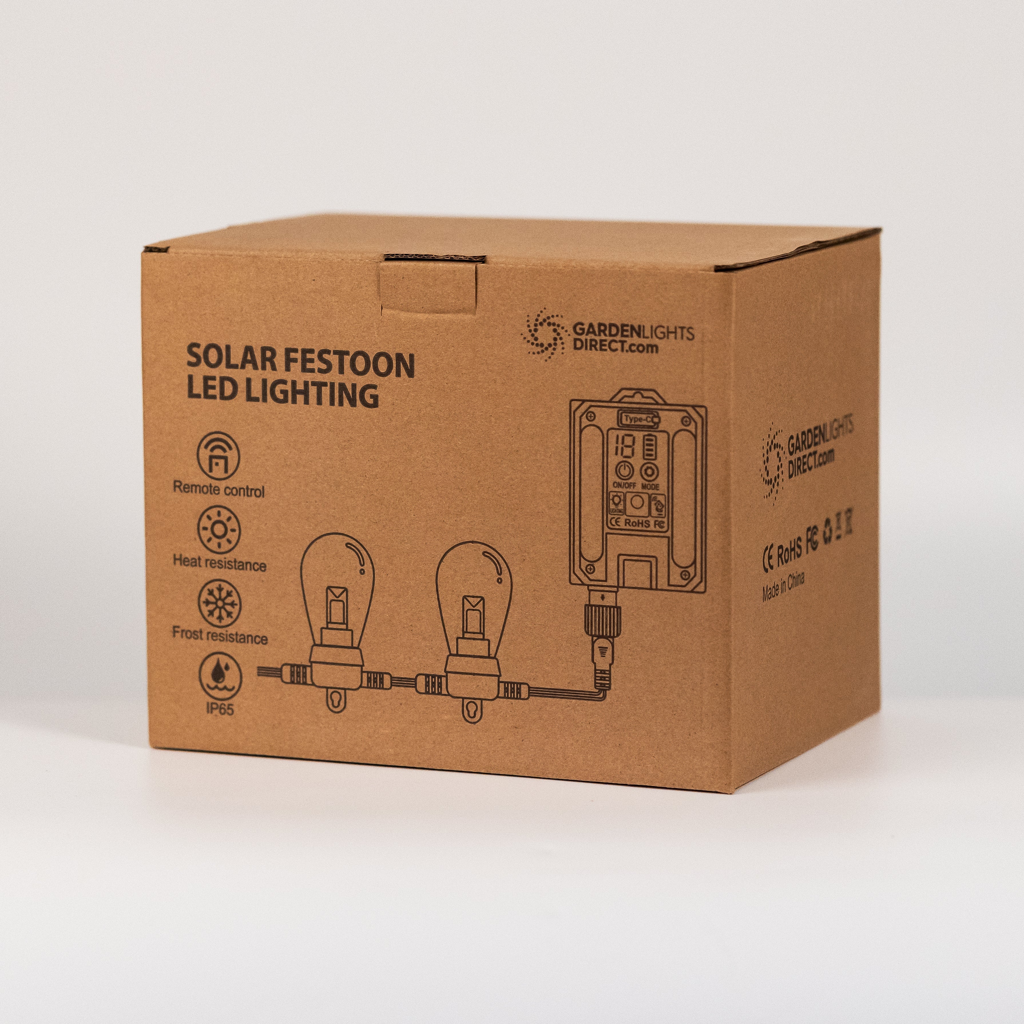 Cardboard box packaging for solar festoon LED lighting with branding and product details.