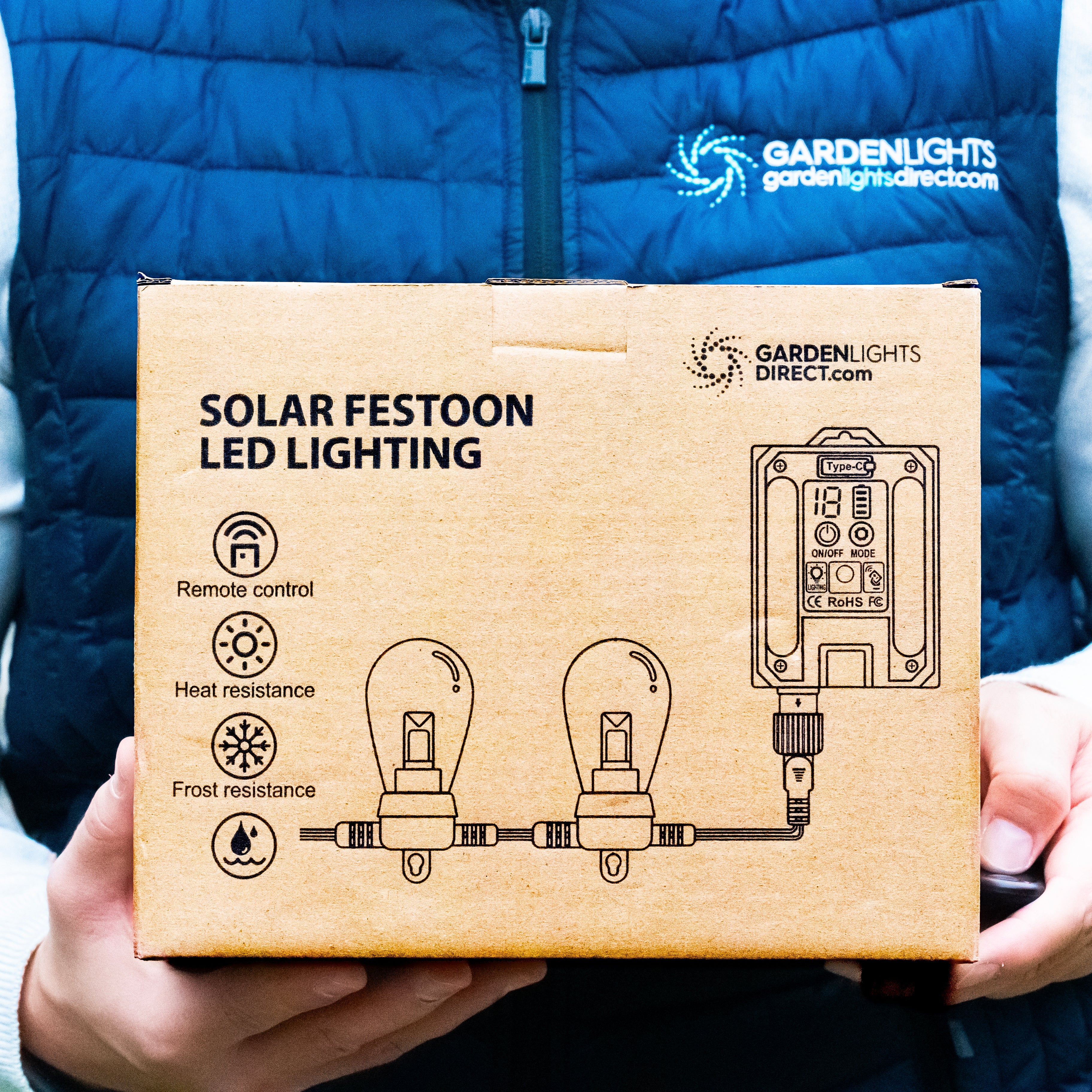 10m Solar Festoon Lights Nova Festoon Outdoor Dimmable Lighting (20 Bulbs) with Remote - Soft Warm White