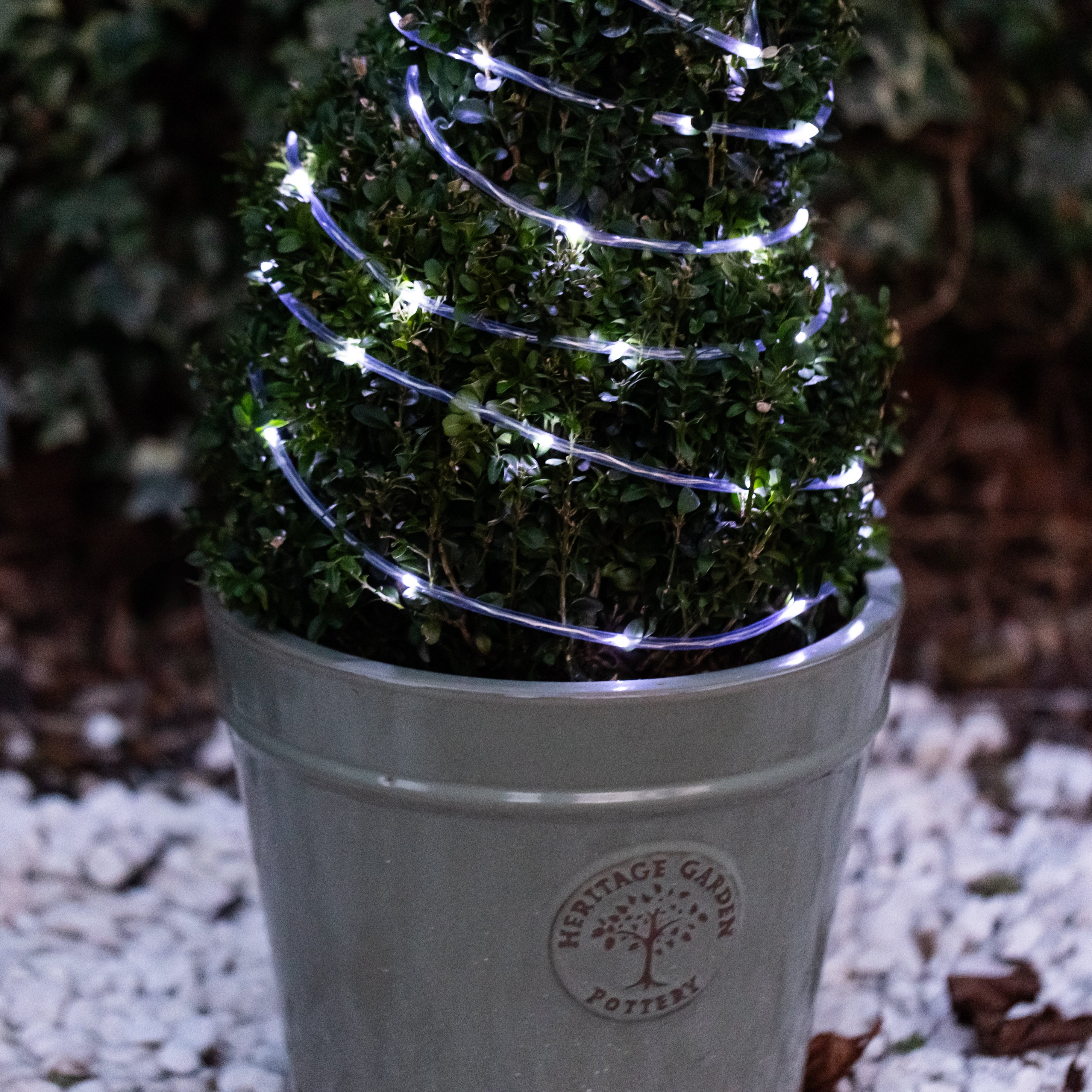 A pot of plants illuminated by solar LED rope lights in a cool white color, set against a snowy ground.
