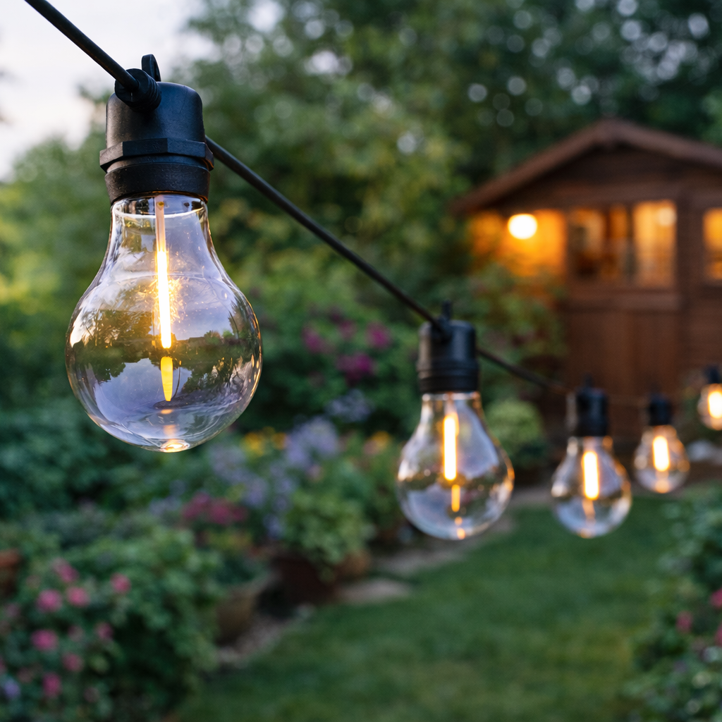 String of outdoor light bulbs hanging in a garden with a wooden shed in the background