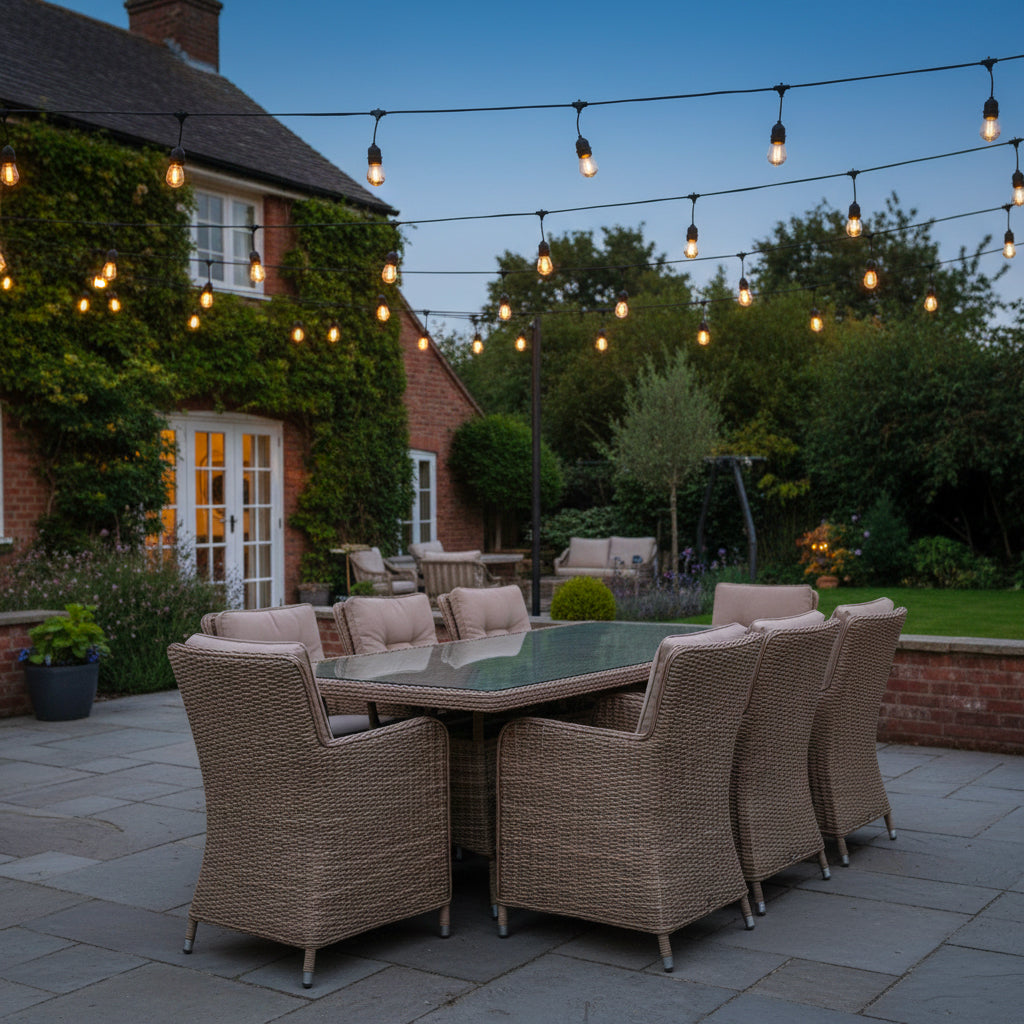 Outdoor patio setting with string lights and furniture in a garden.