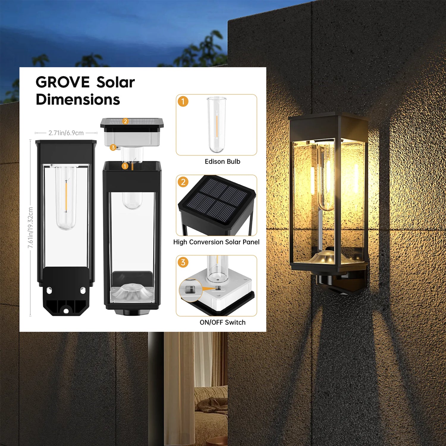 2x Grove Outdoor Solar Wall Lights with Edison Style Bulb IP65 Rated