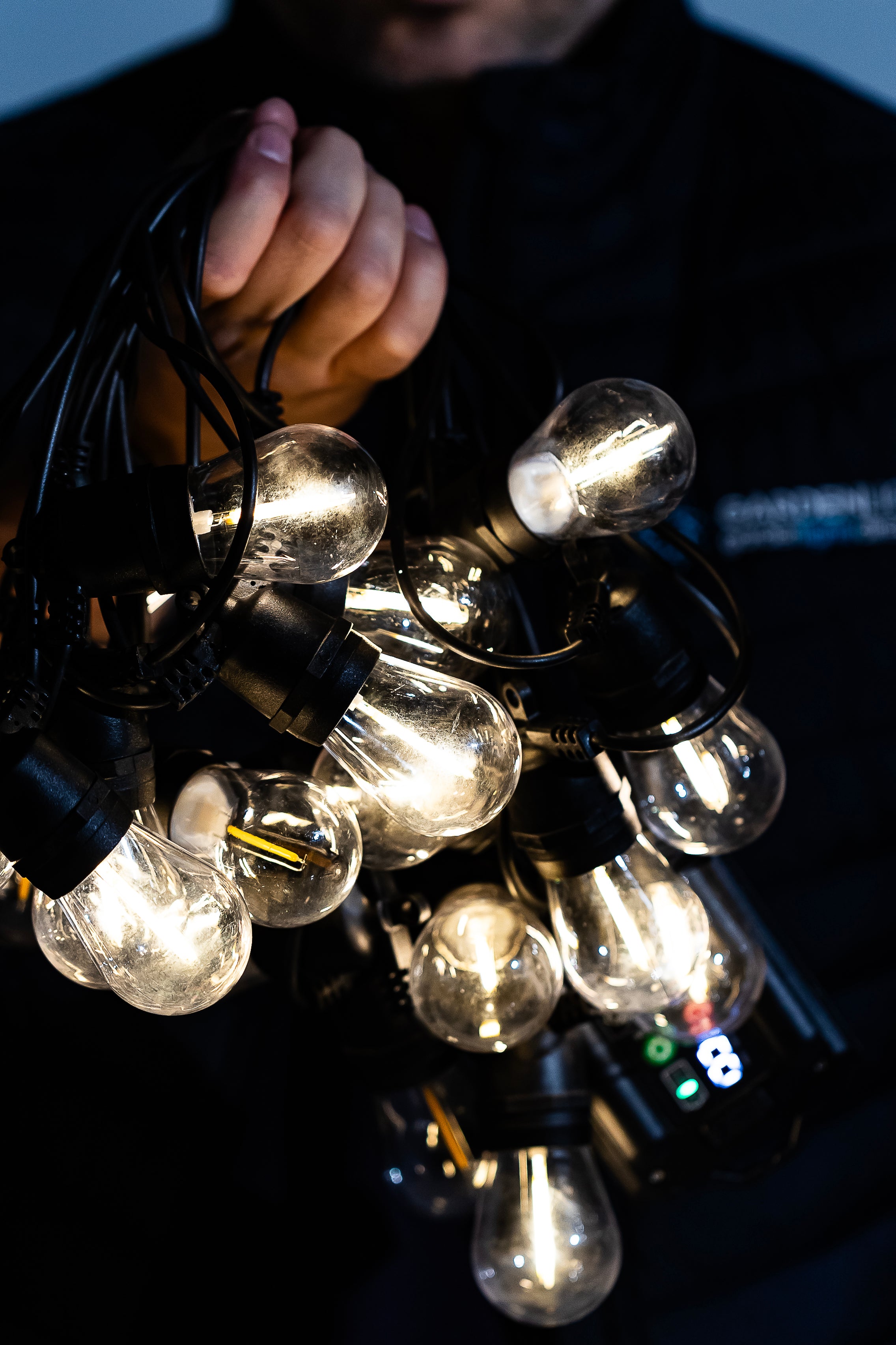 5m - 100m Festoon Lighting Weatherproof Commercial Grade Portofino IP65 - E27 Bulbs on Black Rubber Cable