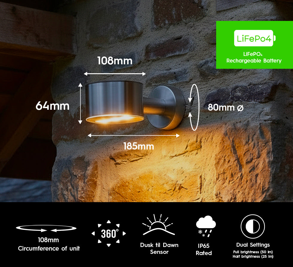 Outdoor wall light fixture on a stone wall with dimensions and features displayed.