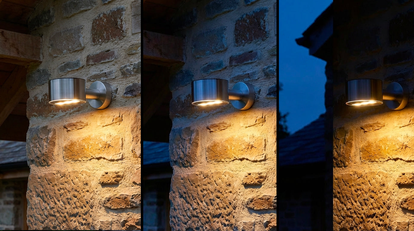 Outdoor wall light fixture on a stone wall with three different lighting conditions.