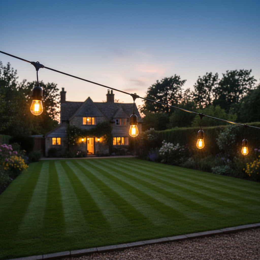 String lights hanging over a garden with a house in the background during dusk.