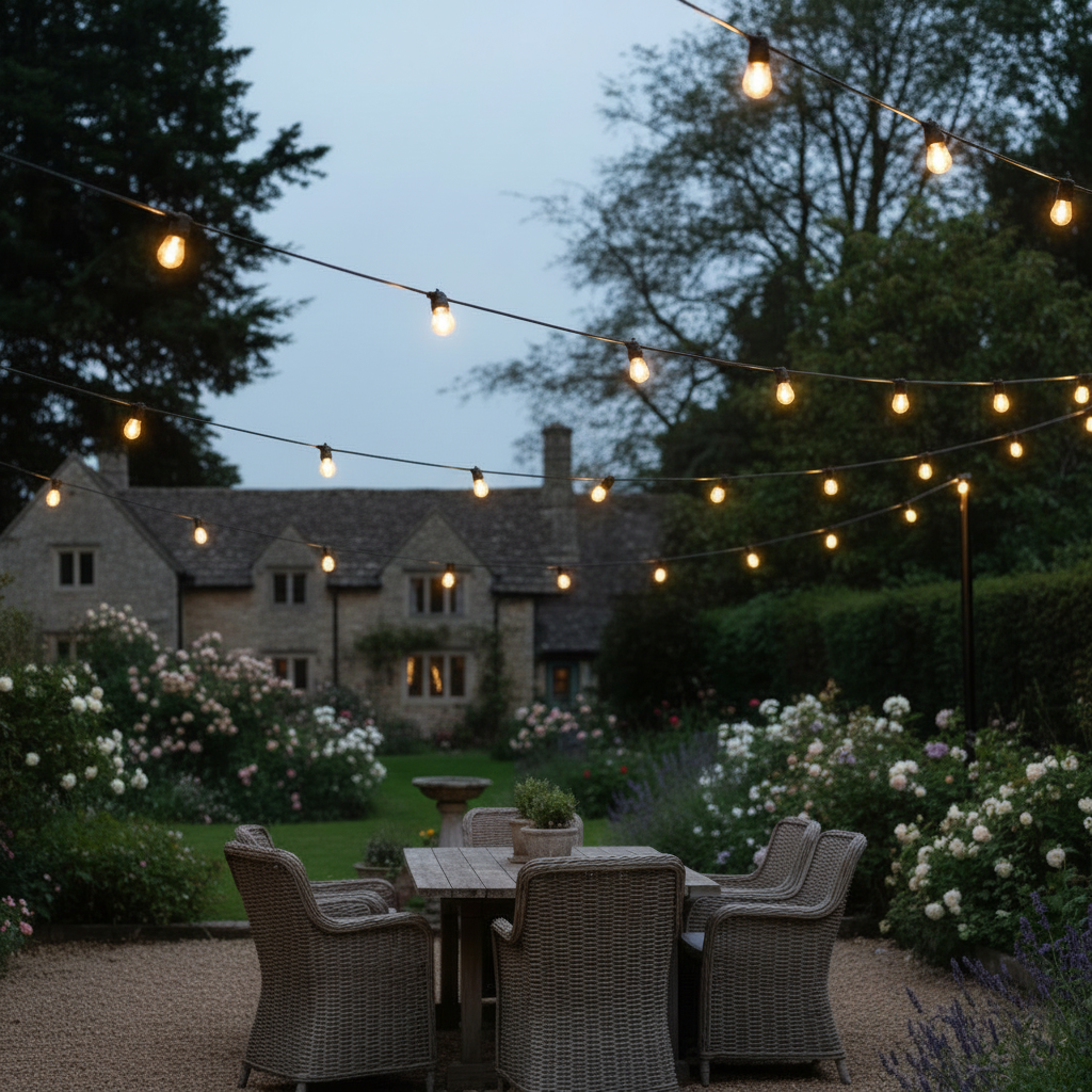 String lights illuminating a garden setting with a house in the background