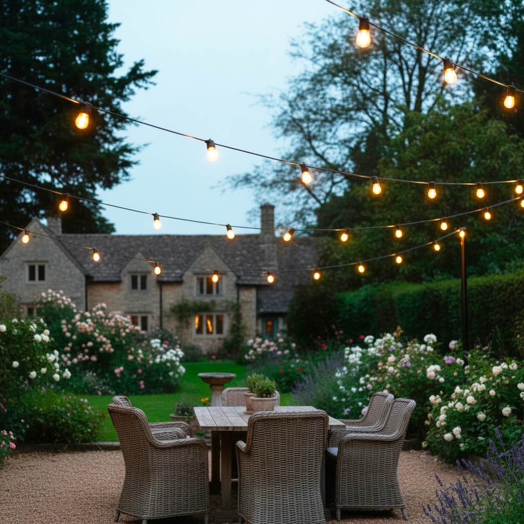 String lights illuminating a garden setting with a house in the background