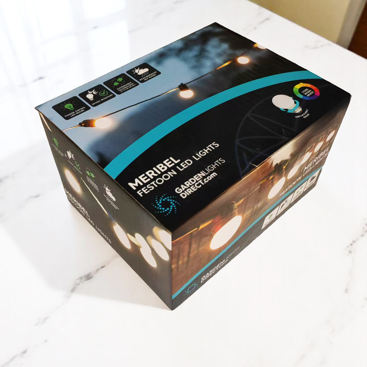 5m - 60m Festoon Heavy Duty Meribel Lighting IP67 - Soft Warm White - Frosted Bulbs on Black Rubber Cable