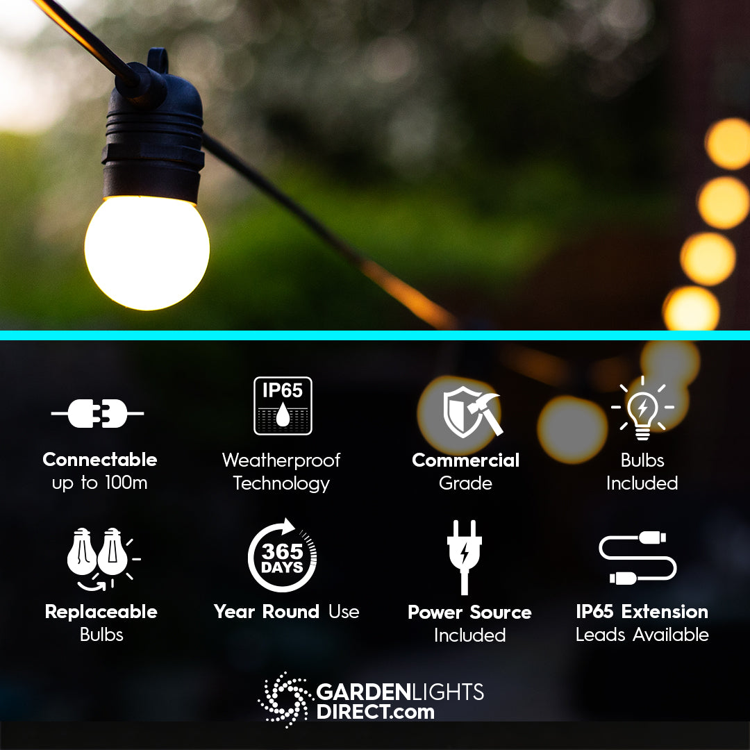 5m to 100m Festoon Lighting Meribel Warm White Festive Connectable IP65 Rated