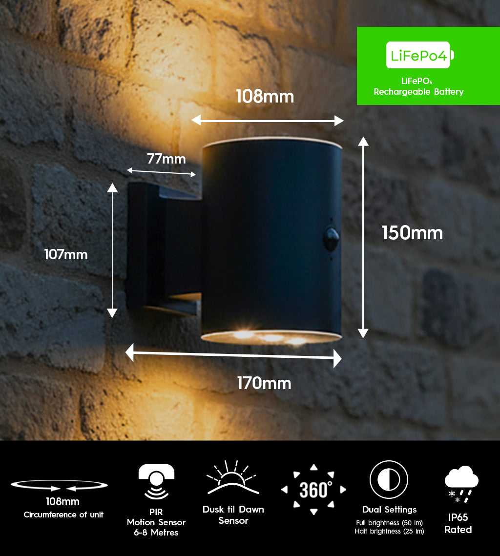 Monaco Solar Up & Down Wall Light - PIR Motion Sensor, Warm White IP65