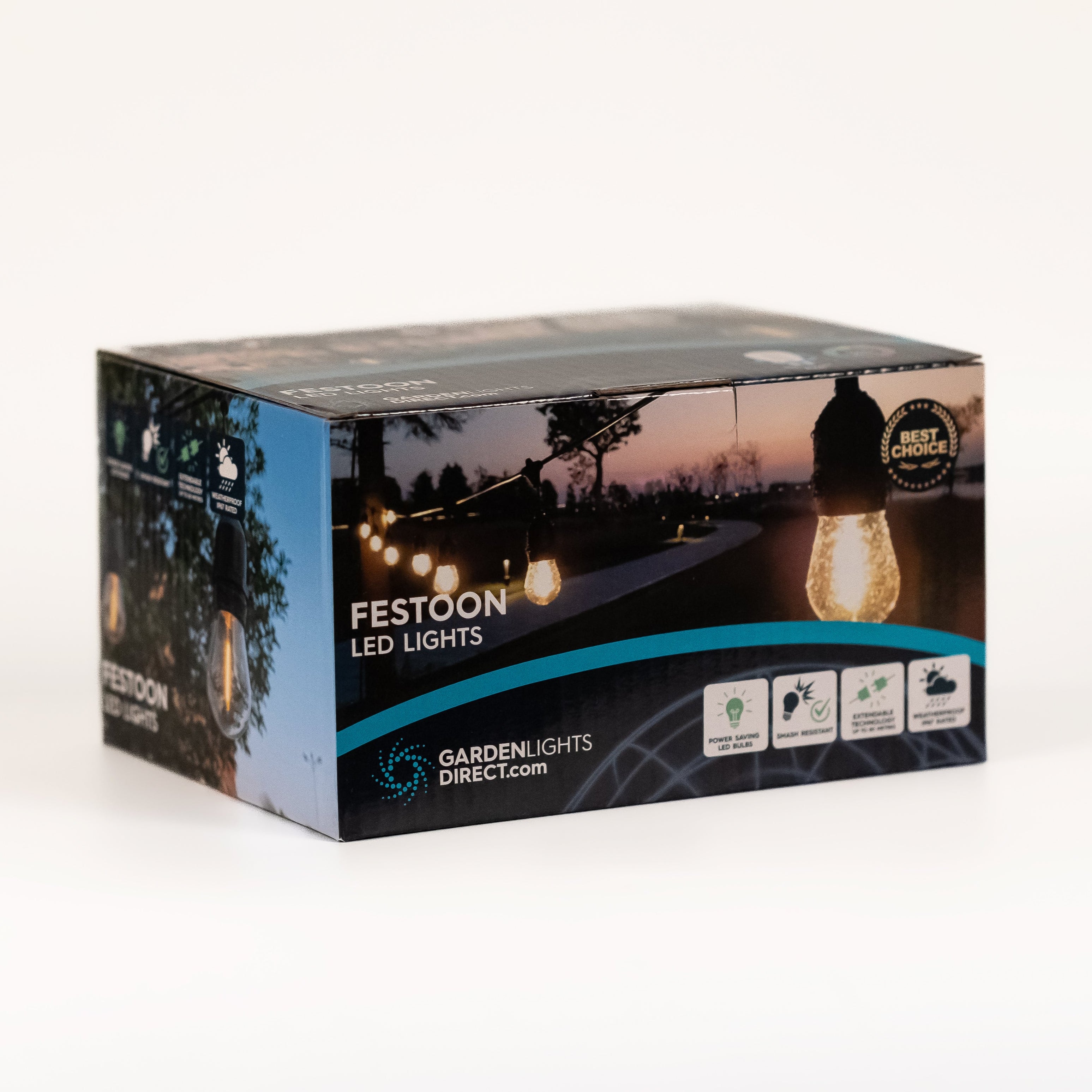 Box of Festoon LED lights with a scenic image on the packaging.