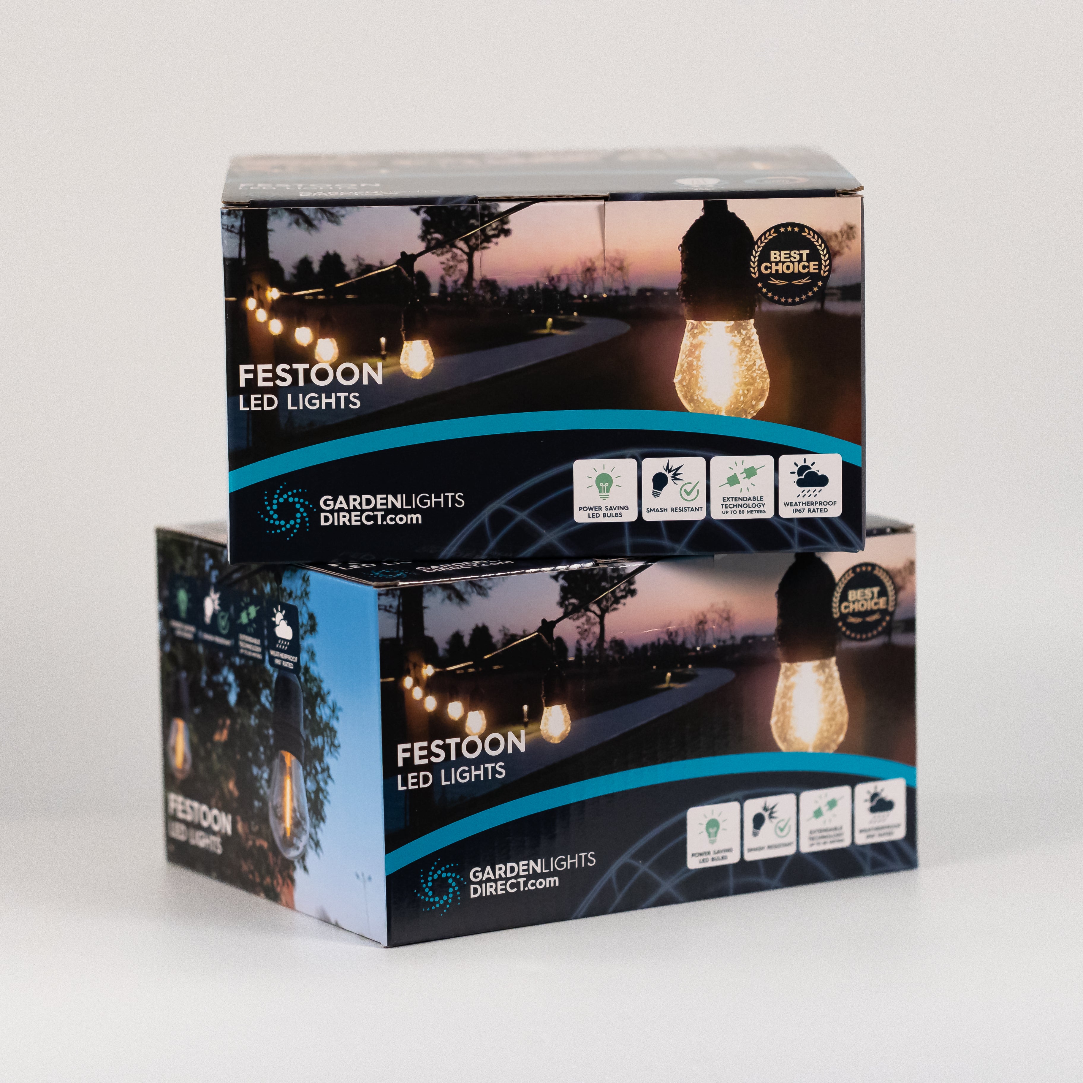 Two boxes of Festoon LED lights stacked on a white background