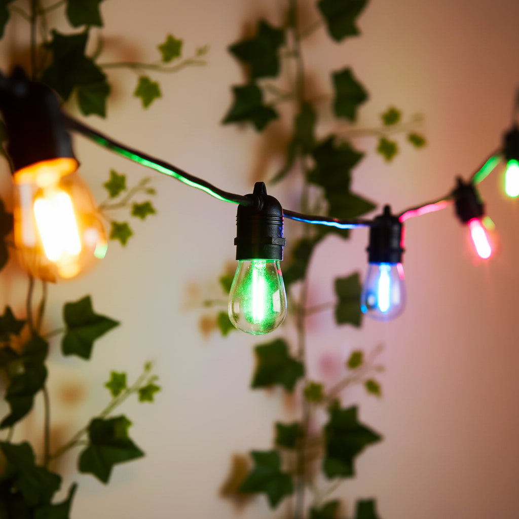 String lights with multicolored bulbs hanging against a leafy background