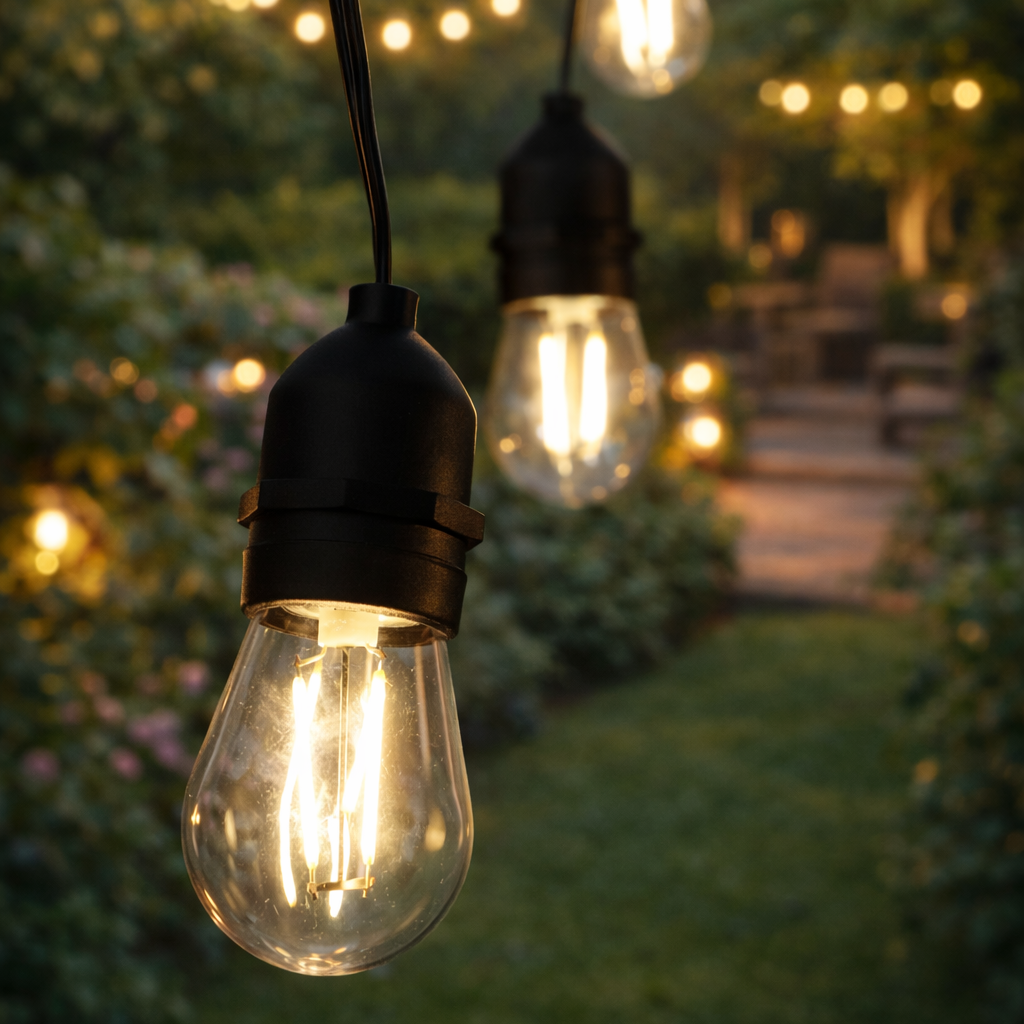 String lights with glowing bulbs in a garden setting