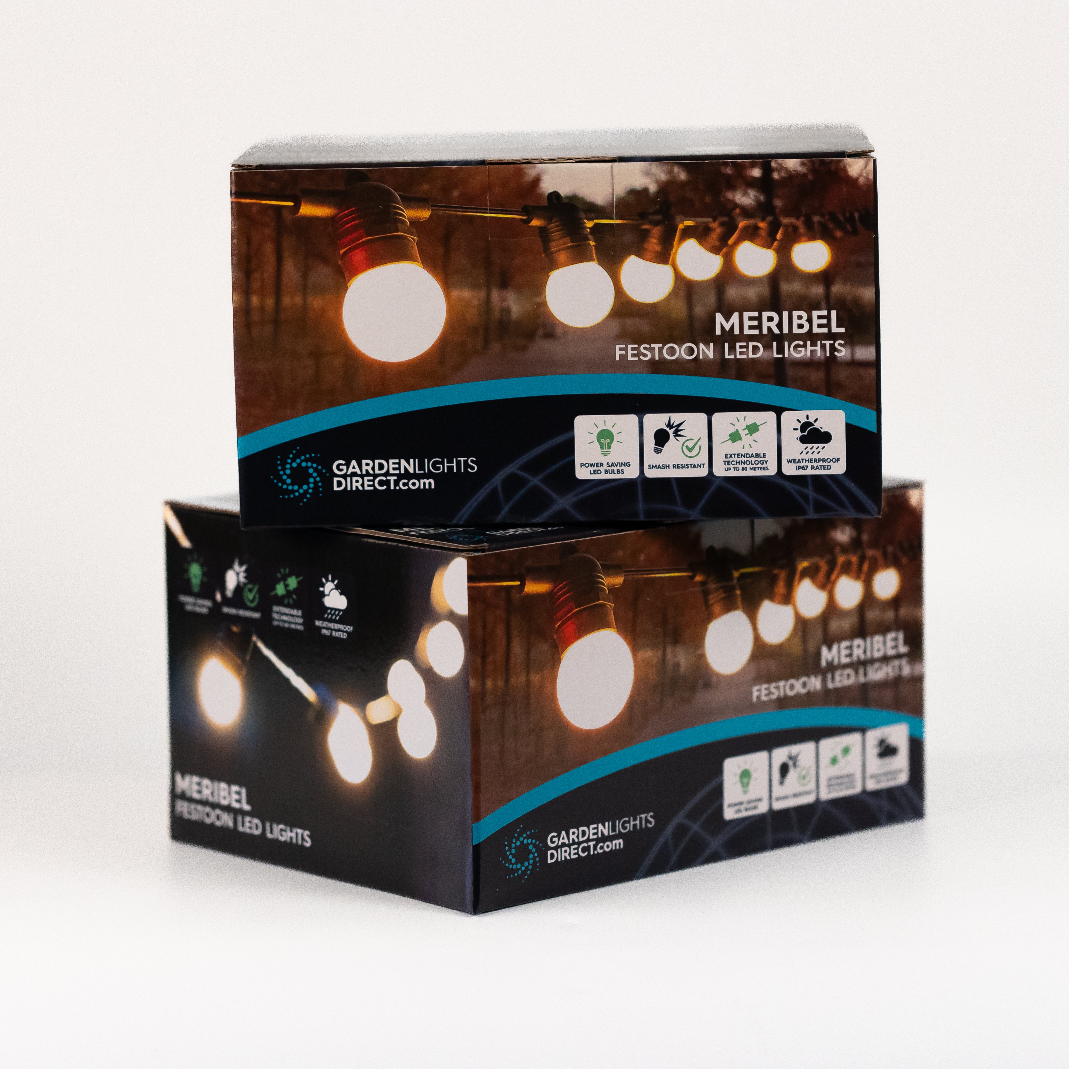 Two boxes of Meribel Festoon LED lights by GardenLights Direct on a white background