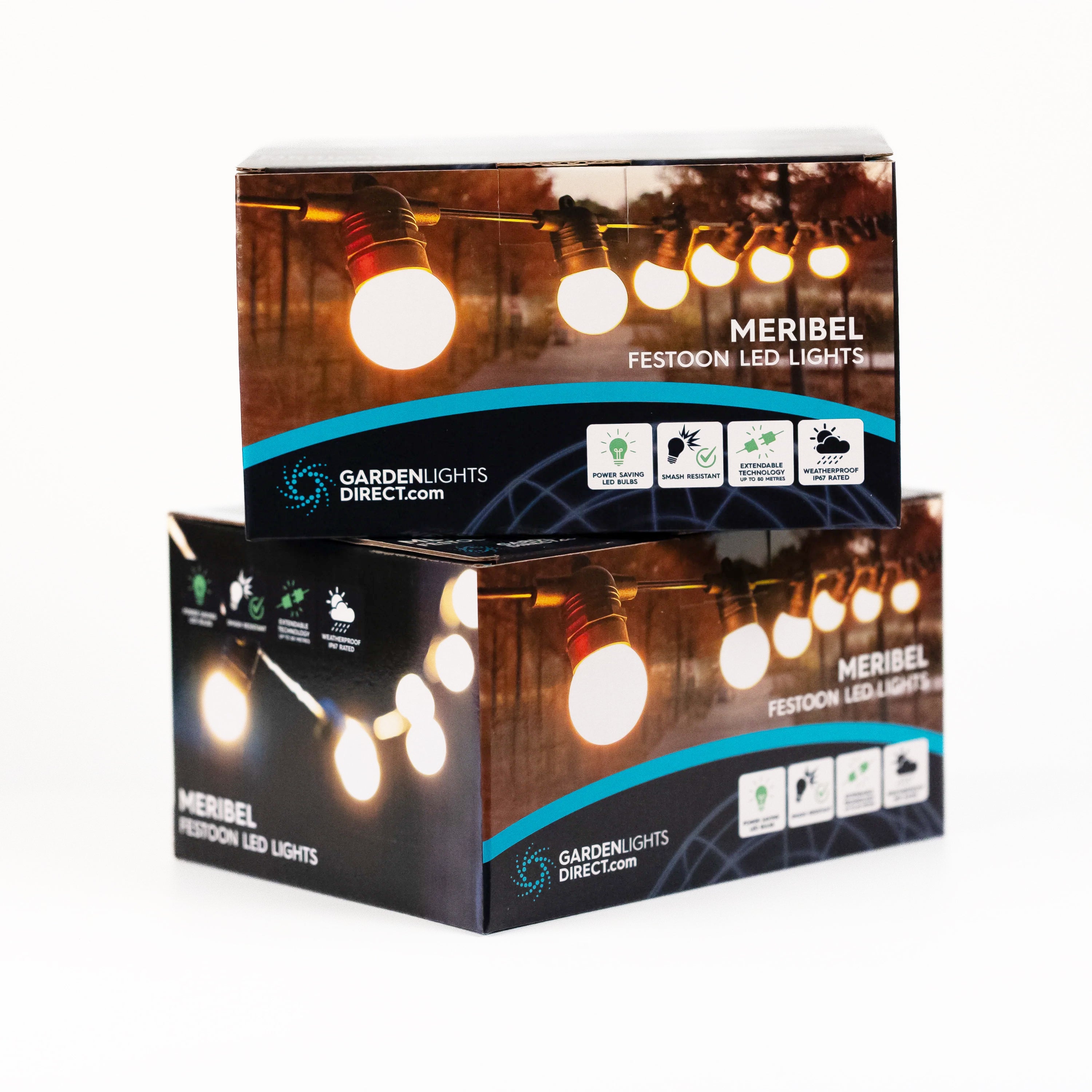 5m - 100m Festoon Lighting Meribel Frosted Bulbs Connectable Festoon Lights IP65 Rated - 5m to 100 Metres - Soft Warm White - Black Rubber Cable