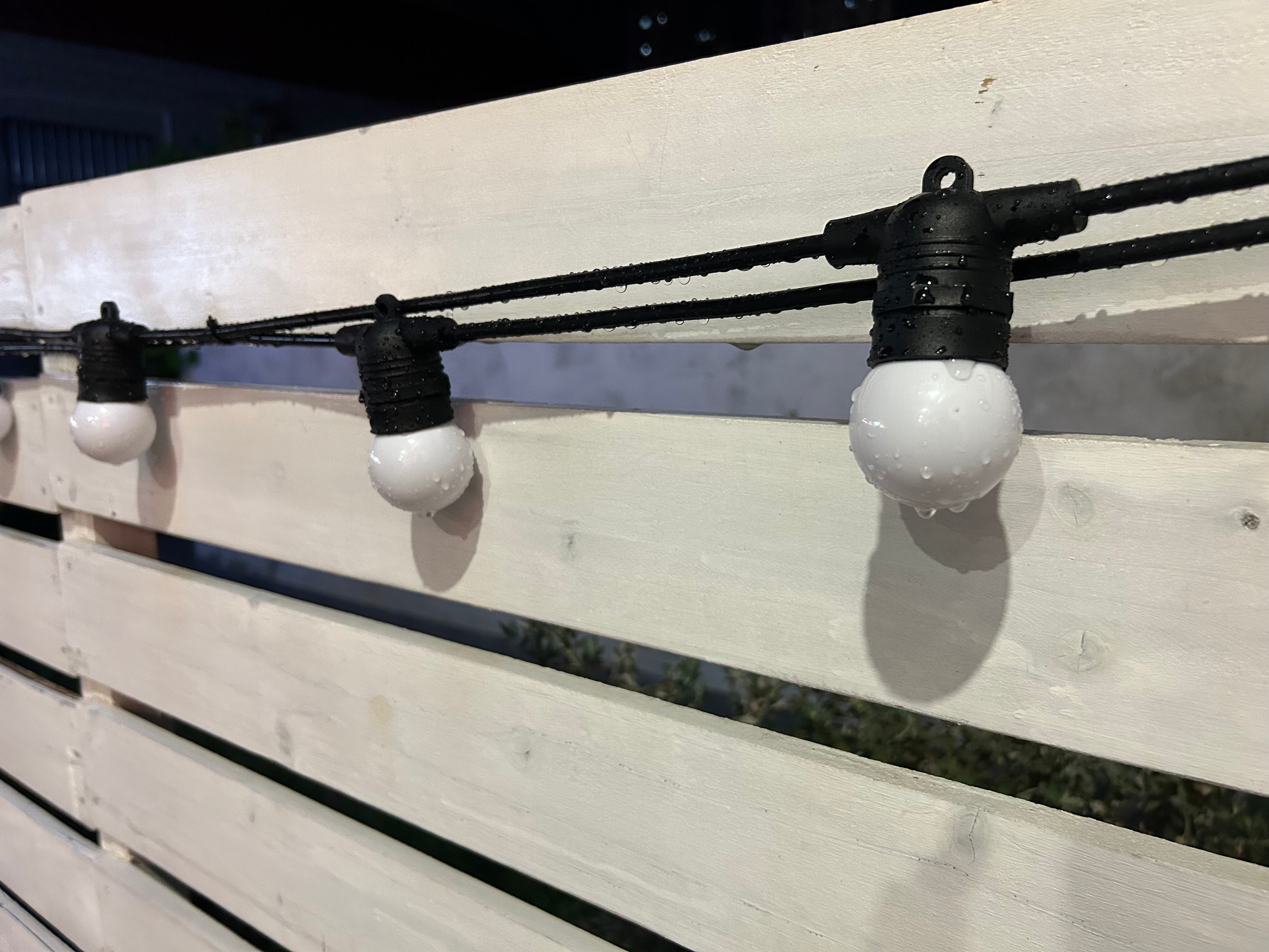 10m Festoon Heavy Duty Meribel Lighting - Soft Warm White - Frosted Bulbs on Black Rubber Cable